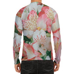 White And Pink Alstroemeria Print Men's Long Sleeve Rash Guard