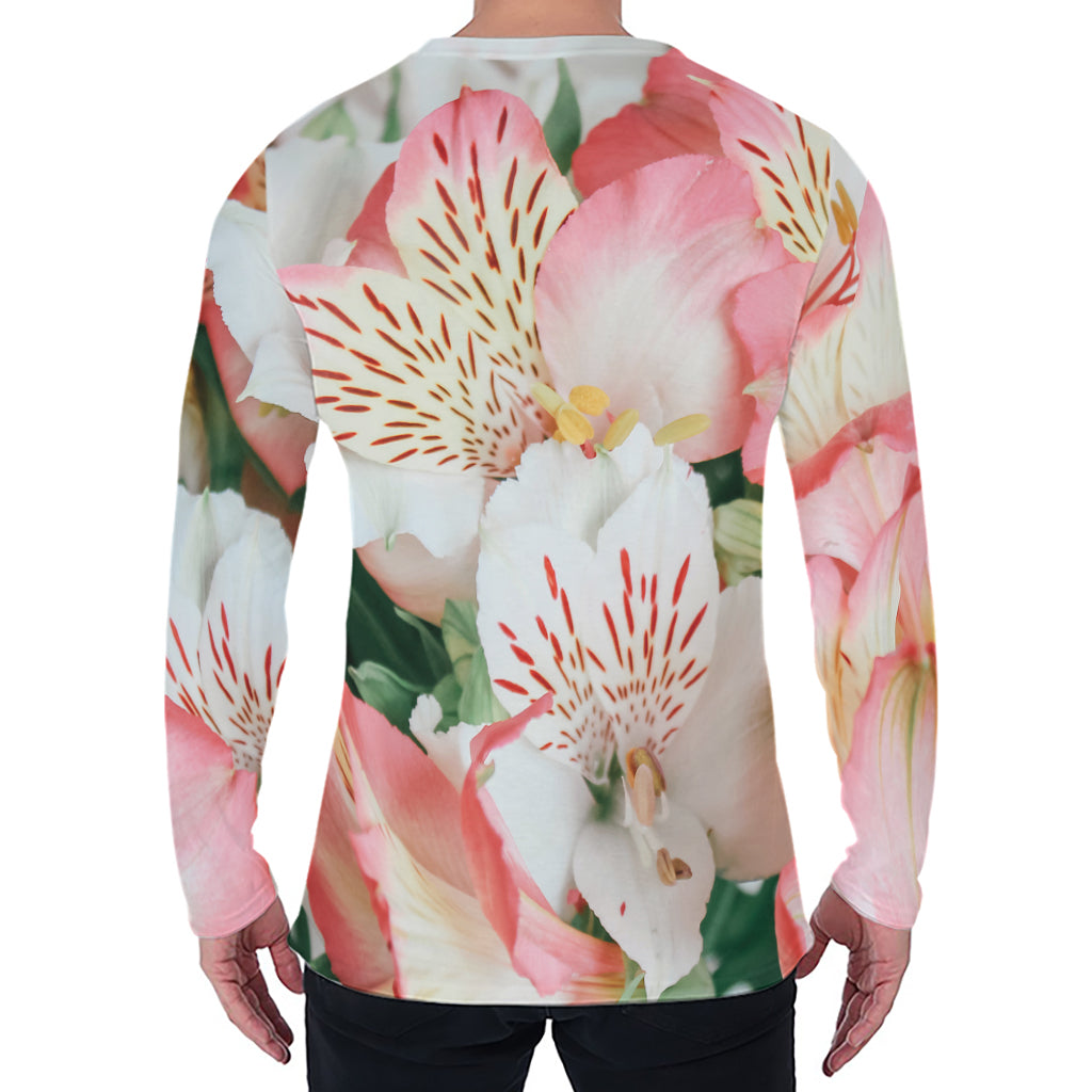 White And Pink Alstroemeria Print Men's Long Sleeve T-Shirt