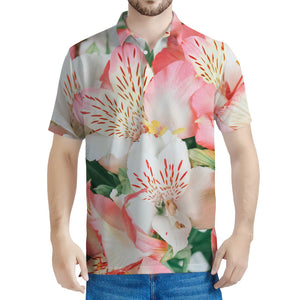 White And Pink Alstroemeria Print Men's Polo Shirt