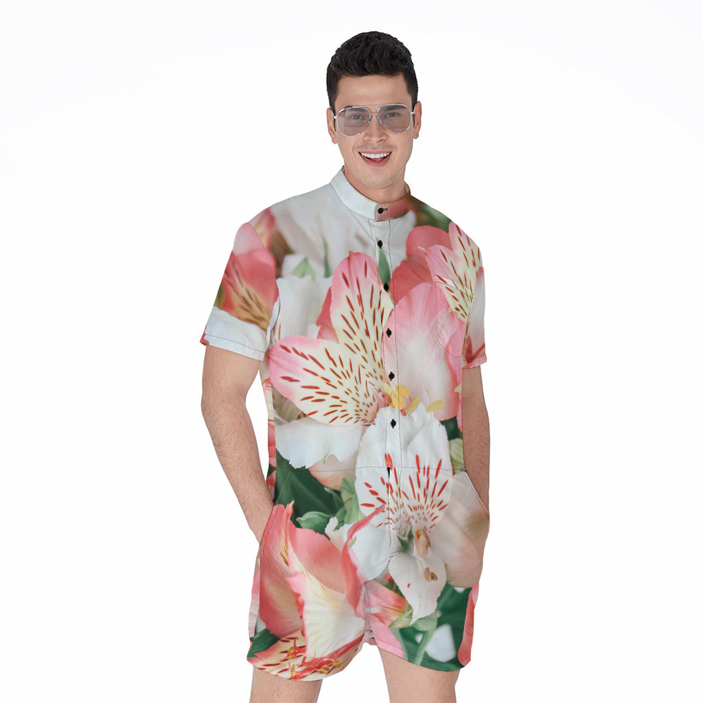 White And Pink Alstroemeria Print Men's Rompers