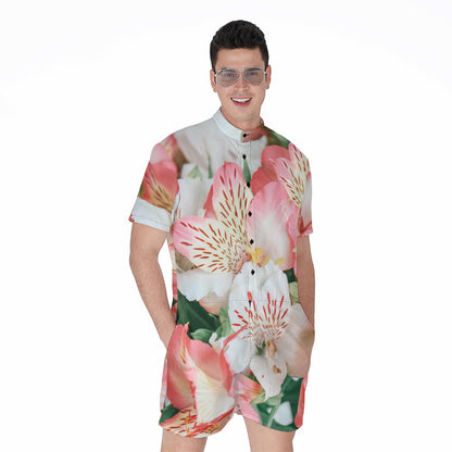 White And Pink Alstroemeria Print Men's Rompers