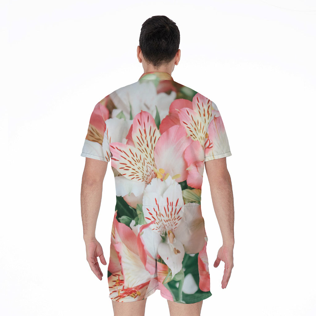 White And Pink Alstroemeria Print Men's Rompers
