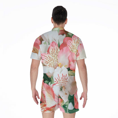 White And Pink Alstroemeria Print Men's Rompers