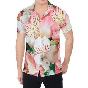 White And Pink Alstroemeria Print Men's Shirt