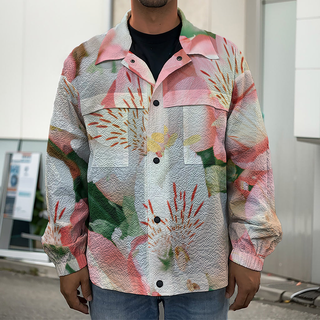 White And Pink Alstroemeria Print Men's Shirt Jacket