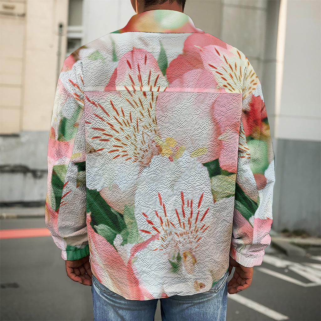 White And Pink Alstroemeria Print Men's Shirt Jacket