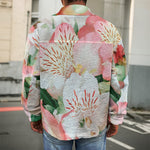 White And Pink Alstroemeria Print Men's Shirt Jacket