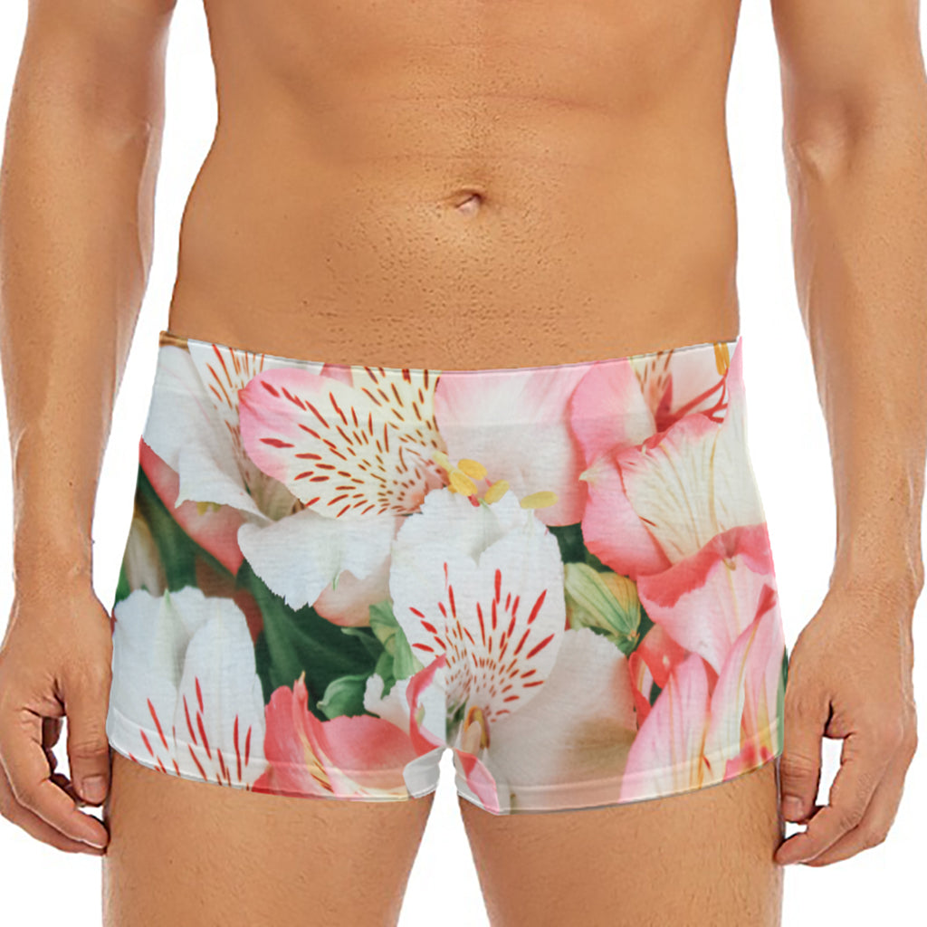 White And Pink Alstroemeria Print Men's Short Boxer Briefs