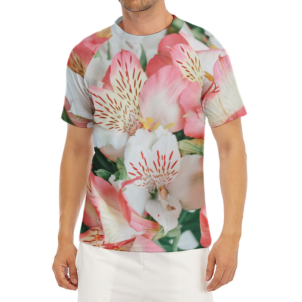 White And Pink Alstroemeria Print Men's Short Sleeve Rash Guard