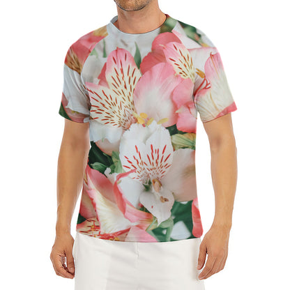 White And Pink Alstroemeria Print Men's Short Sleeve Rash Guard