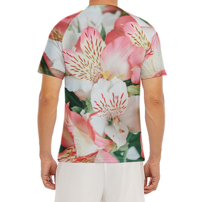 White And Pink Alstroemeria Print Men's Short Sleeve Rash Guard