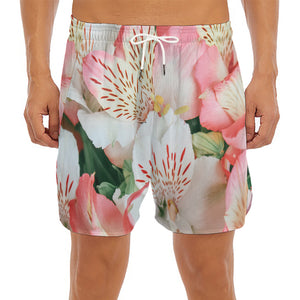 White And Pink Alstroemeria Print Men's Split Running Shorts