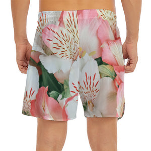 White And Pink Alstroemeria Print Men's Split Running Shorts