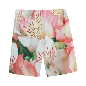 White And Pink Alstroemeria Print Men's Sports Shorts