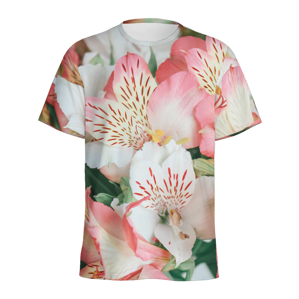 White And Pink Alstroemeria Print Men's Sports T-Shirt