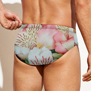 White And Pink Alstroemeria Print Men's Swim Briefs