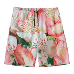 White And Pink Alstroemeria Print Men's Swim Trunks