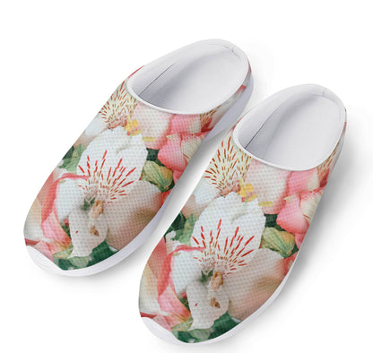 White And Pink Alstroemeria Print Mesh Casual Shoes