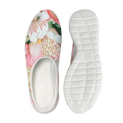 White And Pink Alstroemeria Print Mesh Casual Shoes