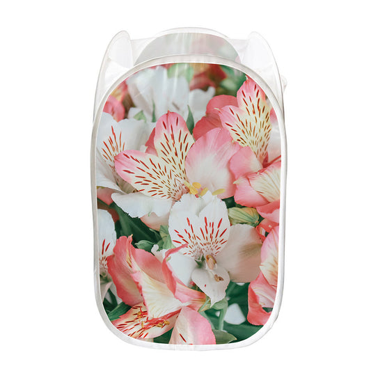 White And Pink Alstroemeria Print Mesh Laundry Hamper