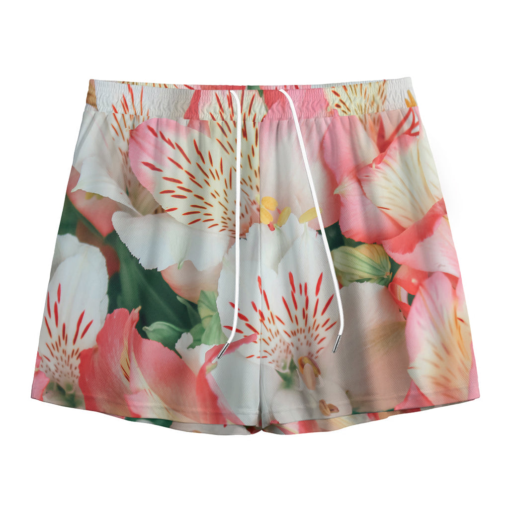 White And Pink Alstroemeria Print Mesh Shorts