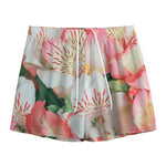 White And Pink Alstroemeria Print Mesh Shorts