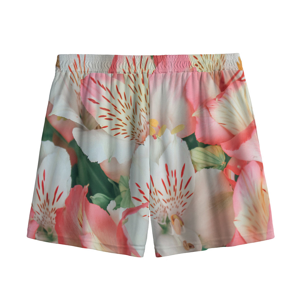 White And Pink Alstroemeria Print Mesh Shorts