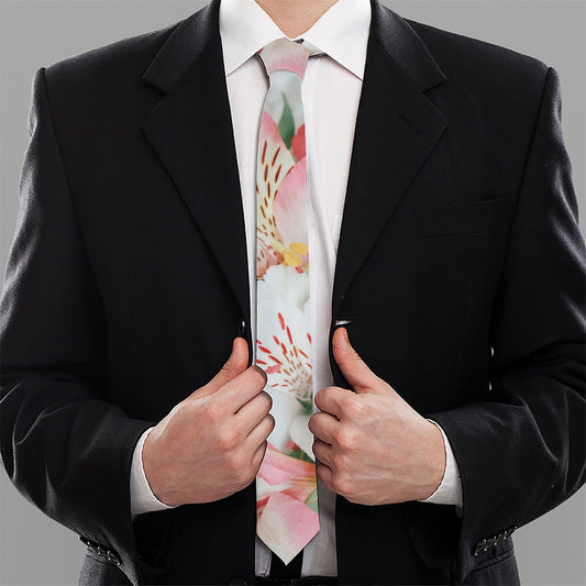 White And Pink Alstroemeria Print Necktie
