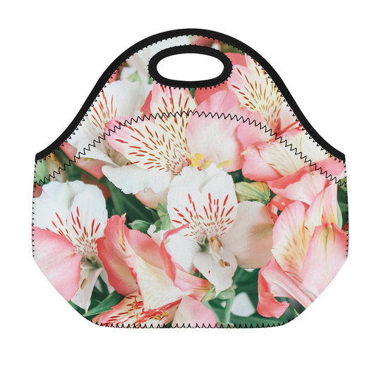 White And Pink Alstroemeria Print Neoprene Lunch Bag
