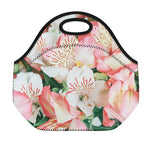 White And Pink Alstroemeria Print Neoprene Lunch Bag