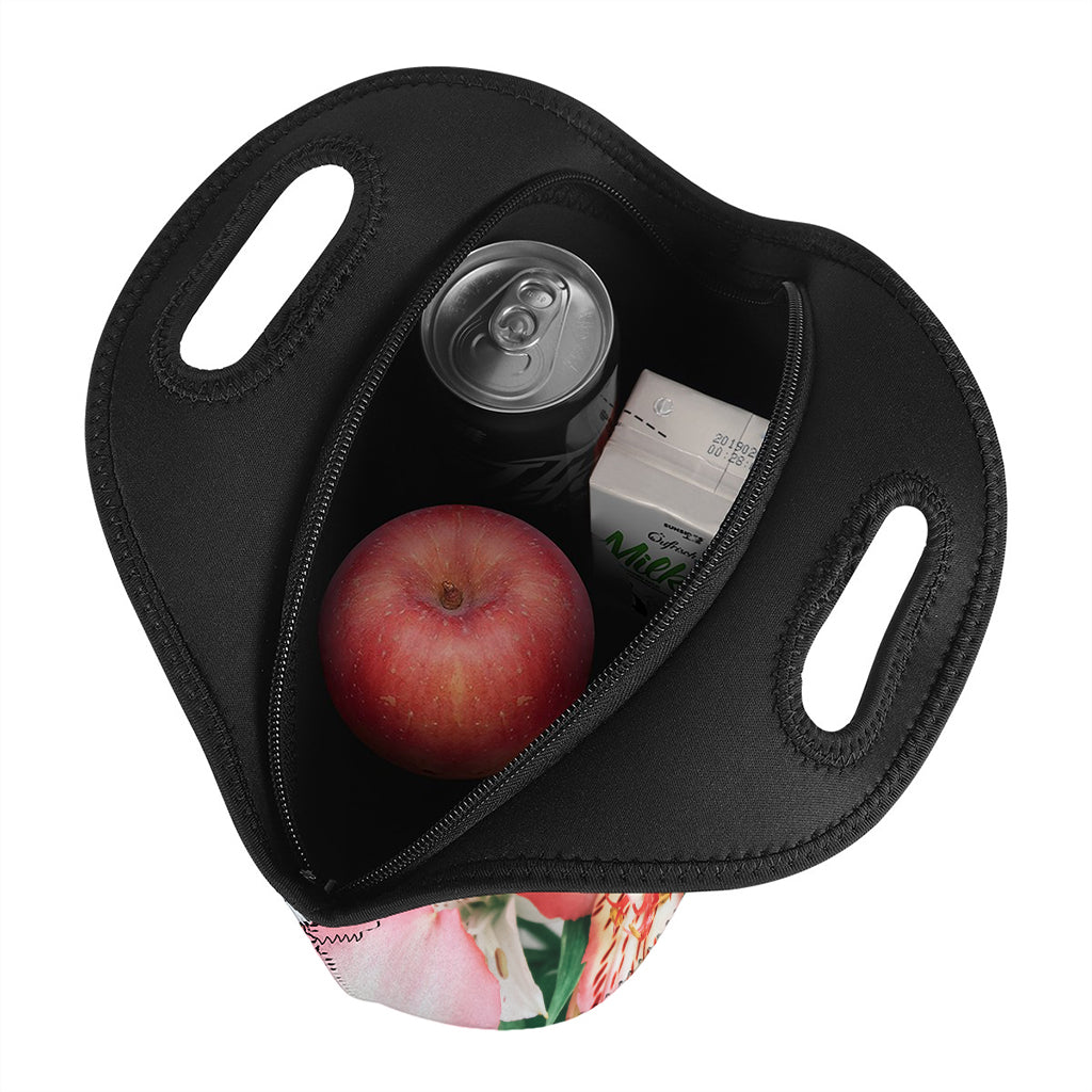 White And Pink Alstroemeria Print Neoprene Lunch Bag