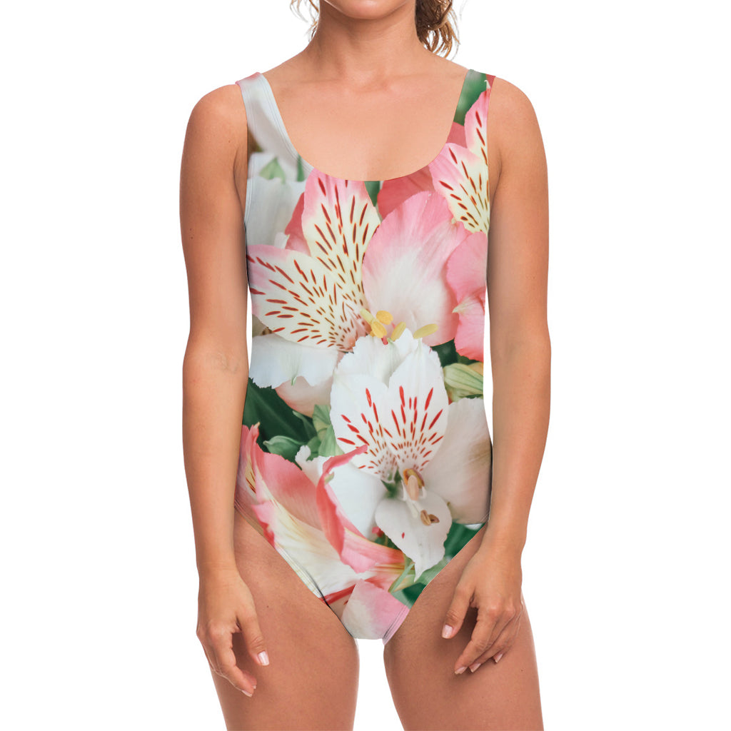 White And Pink Alstroemeria Print One Piece Swimsuit