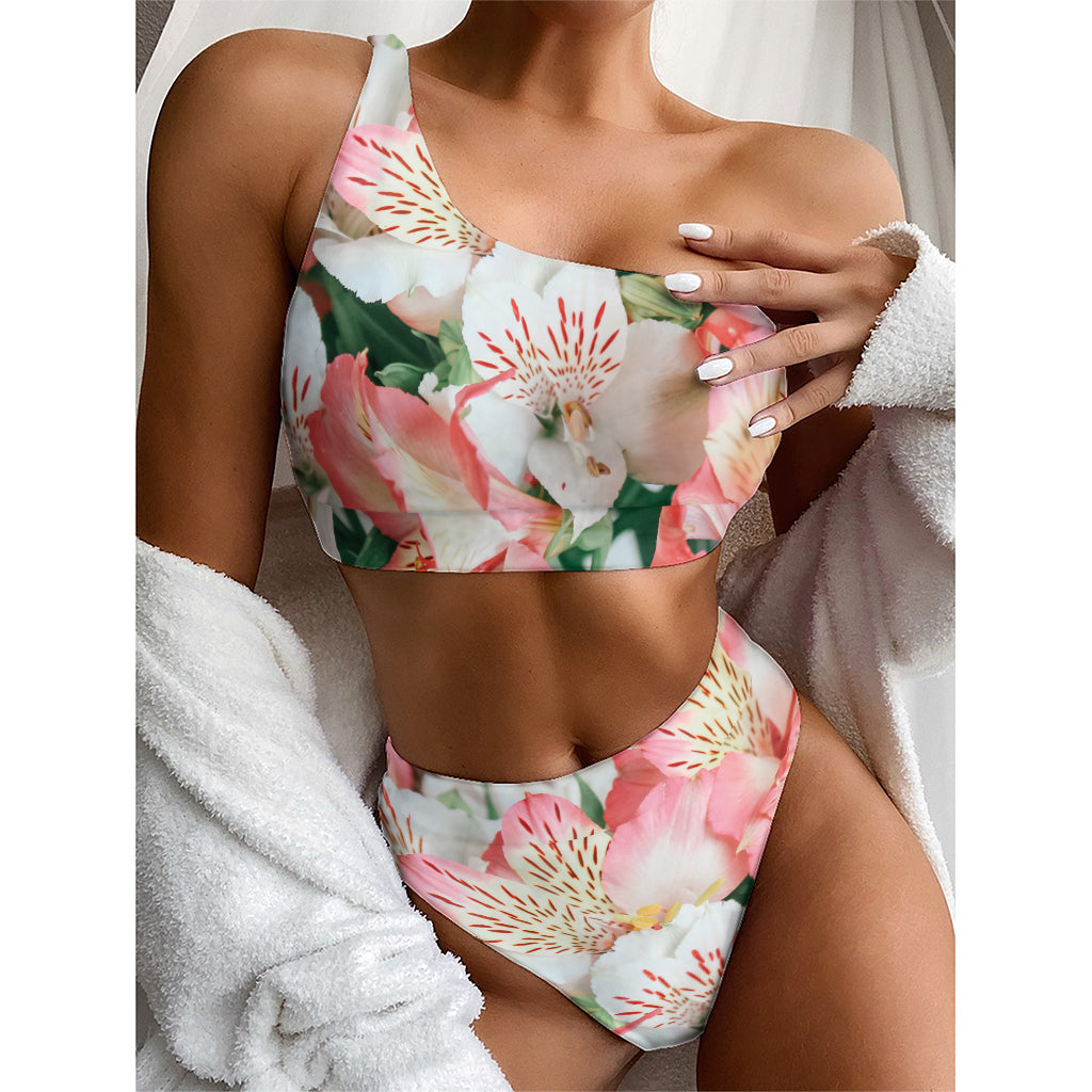 White And Pink Alstroemeria Print One Shoulder Bikini Top