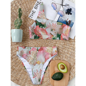 White And Pink Alstroemeria Print One Shoulder Bikini Top