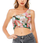 White And Pink Alstroemeria Print One Shoulder Crop Top