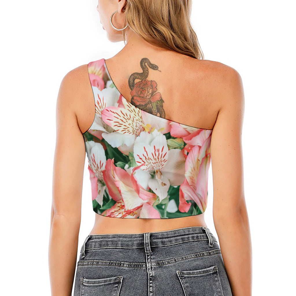 White And Pink Alstroemeria Print One Shoulder Crop Top