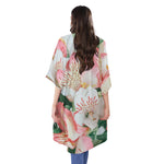 White And Pink Alstroemeria Print Open Front Beach Cover Up