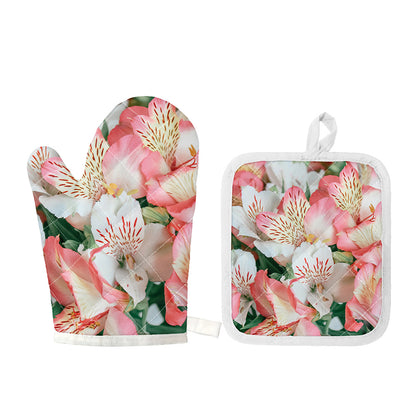White And Pink Alstroemeria Print Oven Mitt And Pot Holder Set