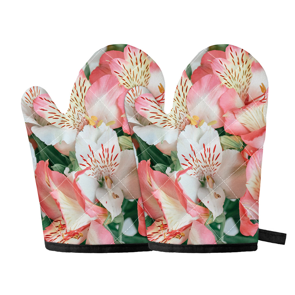 White And Pink Alstroemeria Print Oven Mitts
