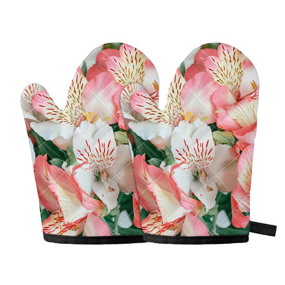White And Pink Alstroemeria Print Oven Mitts