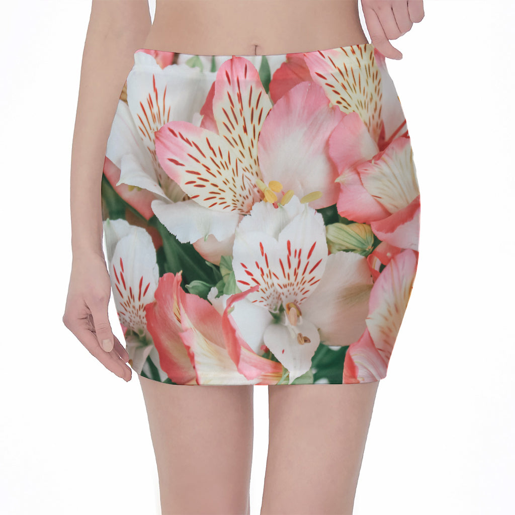 White And Pink Alstroemeria Print Pencil Mini Skirt