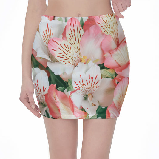 White And Pink Alstroemeria Print Pencil Mini Skirt
