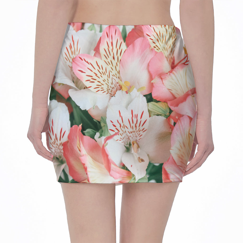 White And Pink Alstroemeria Print Pencil Mini Skirt