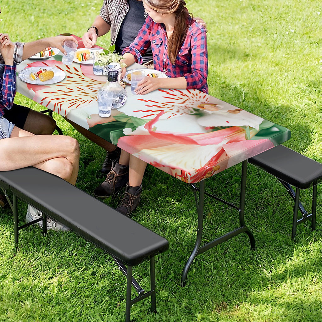 White And Pink Alstroemeria Print Picnic Table Cover