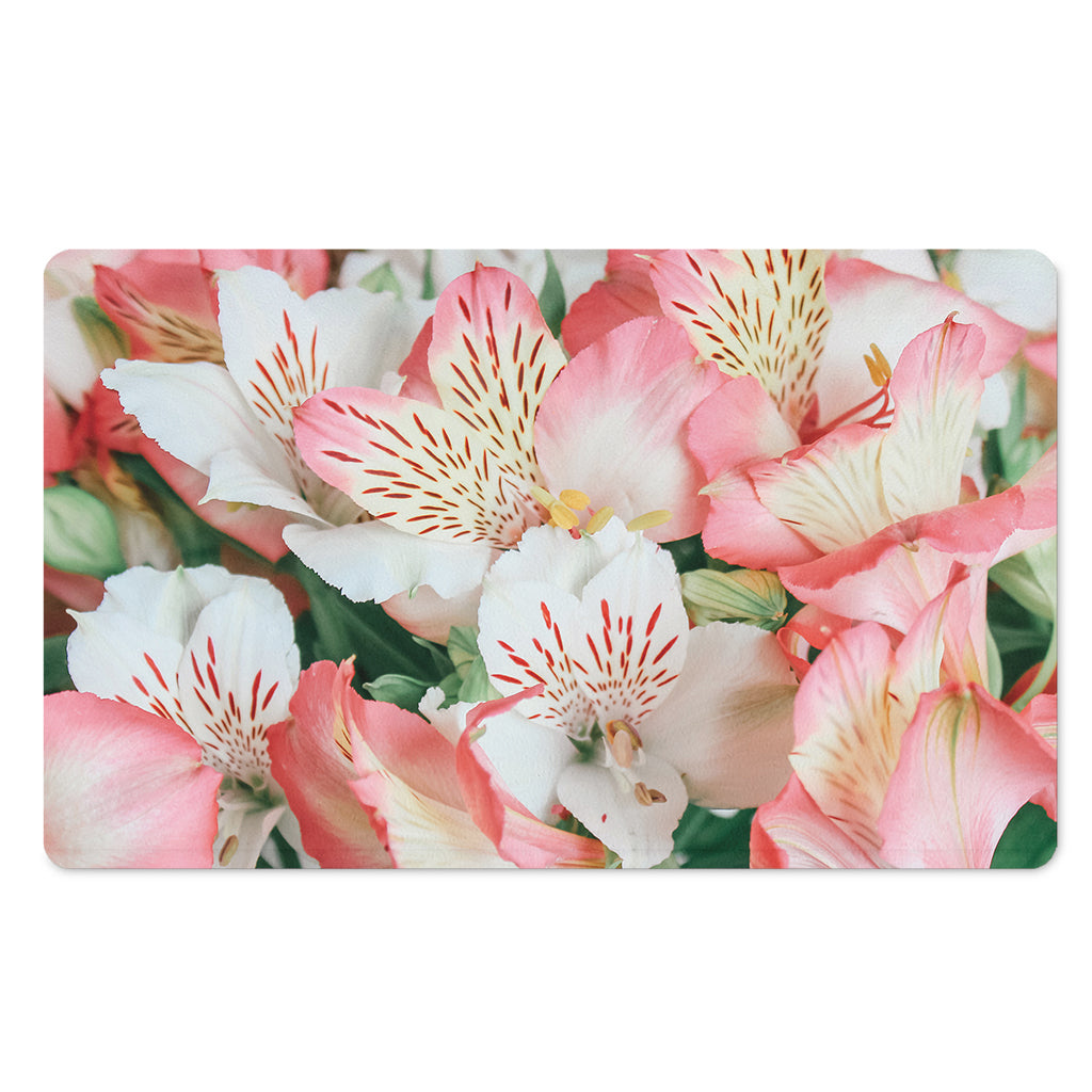 White And Pink Alstroemeria Print Polyester Doormat