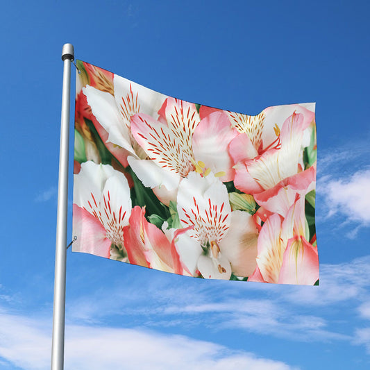 White And Pink Alstroemeria Print Polyester Flag