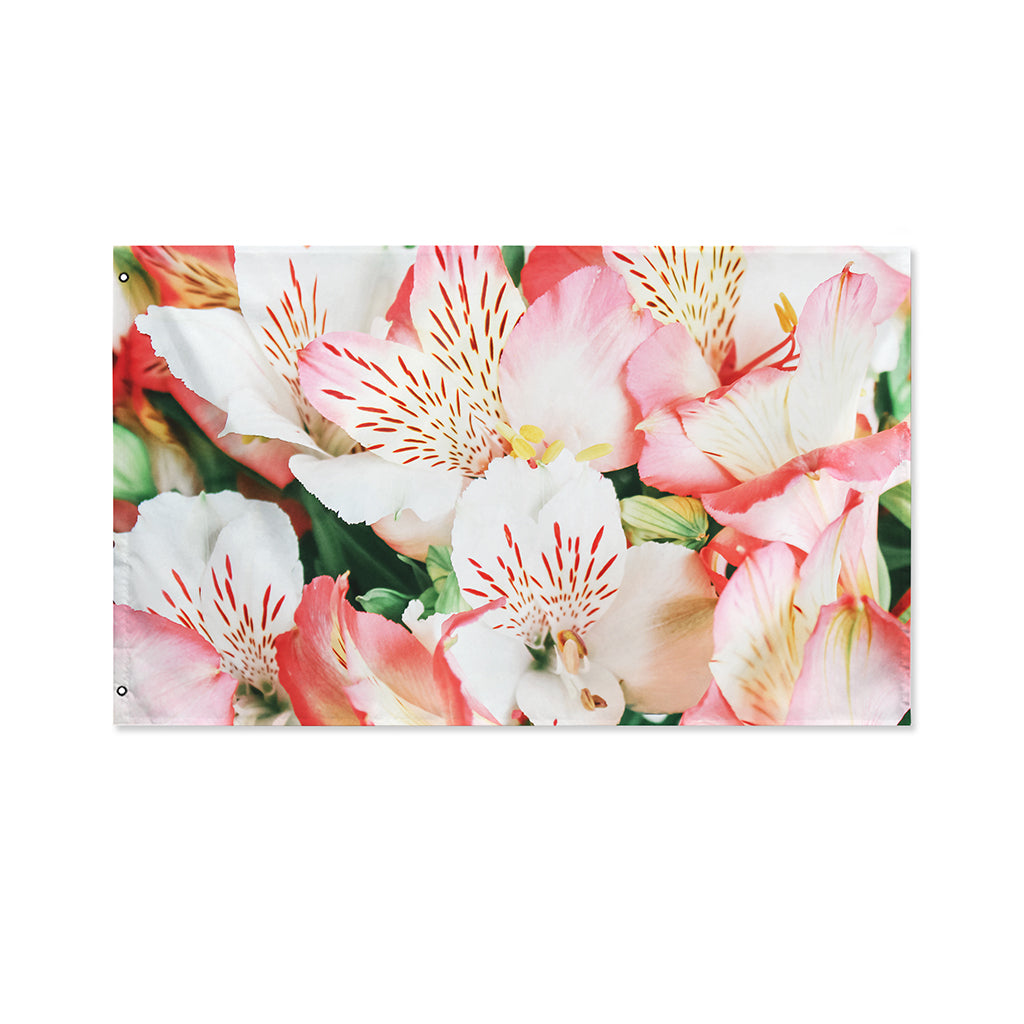 White And Pink Alstroemeria Print Polyester Flag