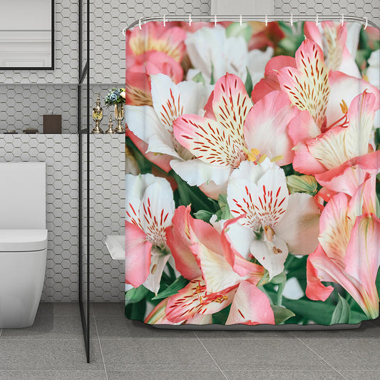 White And Pink Alstroemeria Print Polyester Shower Curtain