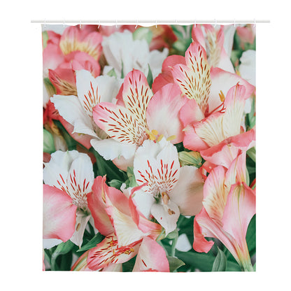 White And Pink Alstroemeria Print Polyester Shower Curtain
