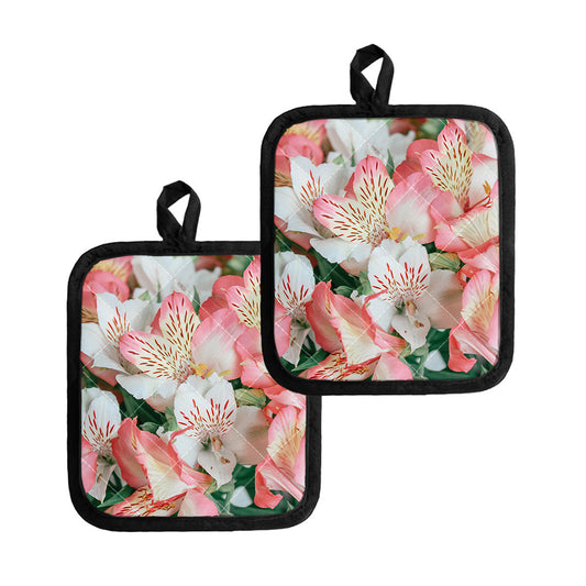 White And Pink Alstroemeria Print Pot Holders